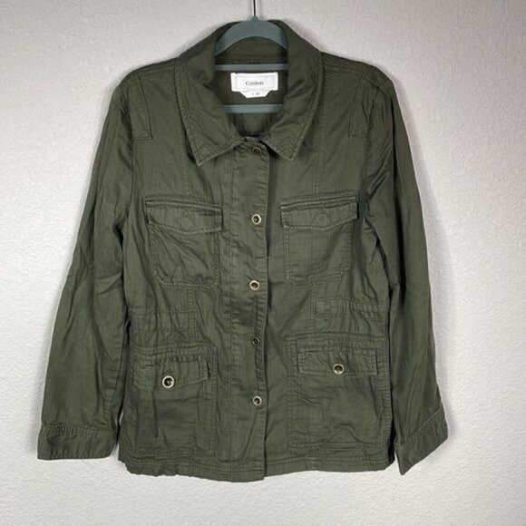 Caslon Button Front Utility Shacket Army Green with Flap Pockets Collared Sz S - Picture 1 of 12